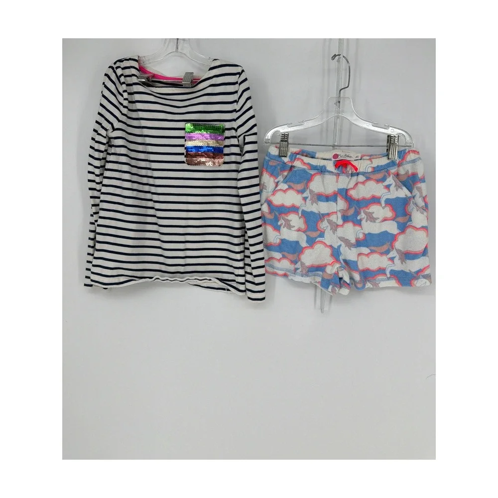 Mini Boden 2pc Outfit Set Girls 10Y Navy Stripe Sequin Top Unicorn Terry Shorts